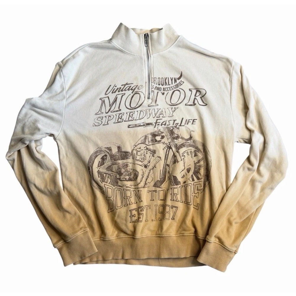 Modish Rebel Quarter Zip Sweatshirt Small Beige Moto Speedway Graphic Y2K